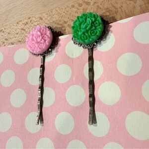 Handmade Vintage Lace Floral Bobby Pins – Pink & Green Statement Duo